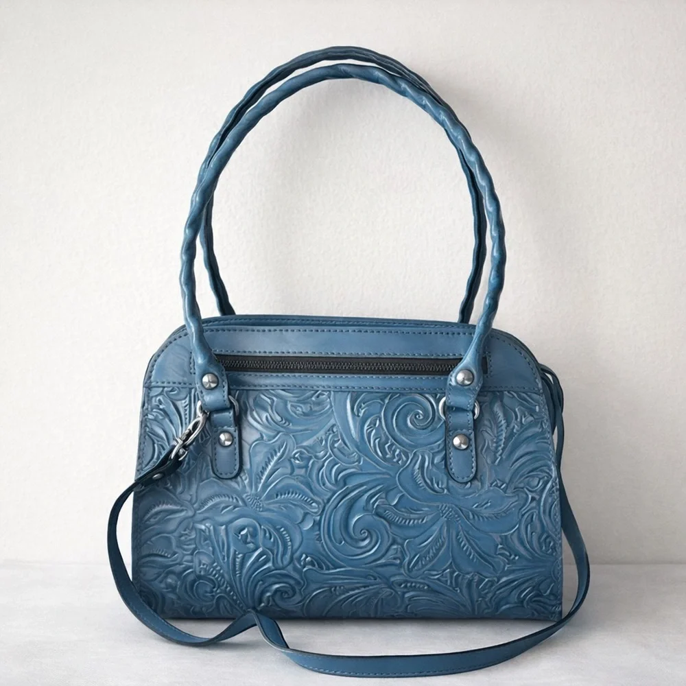 PATRICIA NASH LEATHER CALVI TOOLED FLORAL SATCHEL CROSSBODY SAFFLOWER BLUE
